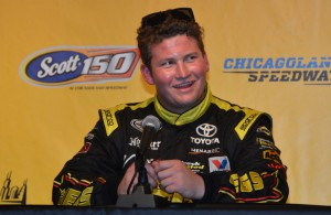 Cody Coughlin talks with the media at Chicagoland Speedway. [Russ Lake Photo]