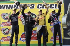 Andrew Hines (PSM), Erica Enders (PS), Del Worsham (FC) and Antron Brown (TF) celebrate wins at the NHRA Carolina Nationals at zMAX Dragway. (CMS/HHP)