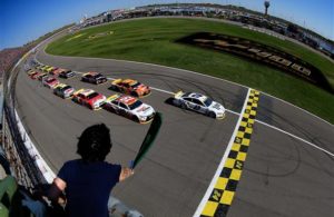 Brad Keselowski and Carl Edwards lead the field to the green flag to start the NASCAR Sprint Cup Series Hollywood Casino 400. [Credit: Photo by Chris Trotman/NASCAR via Getty Images]