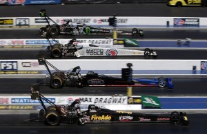 Brittany Force (top lane) drives to the win at the NHRA 4-Wide Nationals presented by Lowes Foods at zMAX Dragway. (CMS/HHP photo)