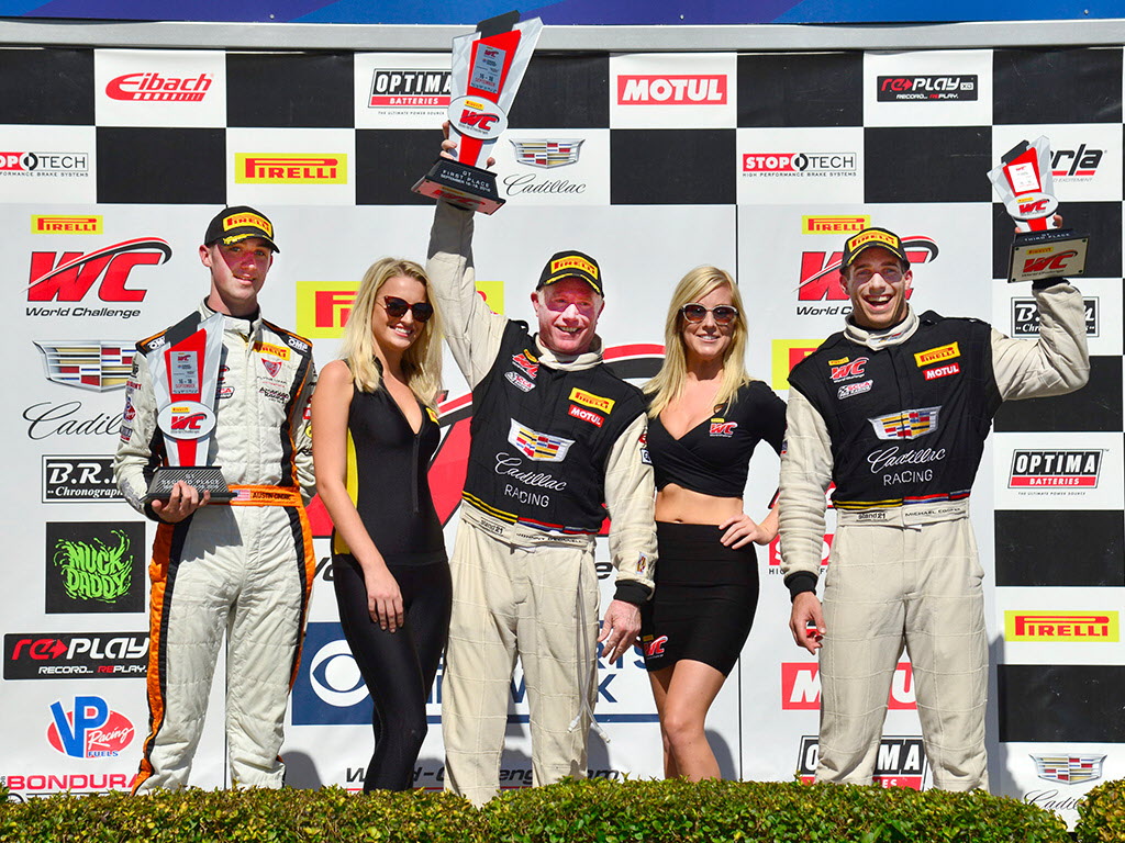 Pirelli World Challenge podium: Austin Cindric (2nd), Johnny O'Connell (winner), and Michael Cooper (3rd). [photo courtesy Pirelli World Challenge]