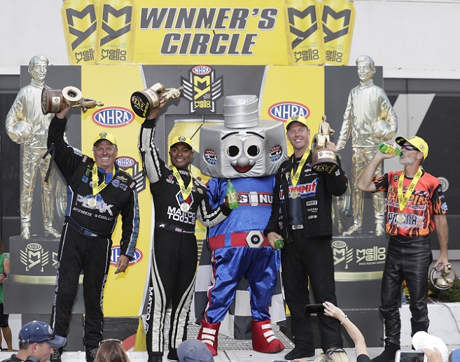 From left, John Force, Antron Brown, Jason Line and Chip Ellis claimed wins in the NHRA Carolina Nationals on Sunday at zMAX Dragway. [CMS/HHP photo]