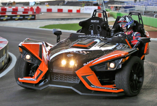 Travis Pastrana (USA) driving the Polaris Slingshot SLR on track during previews to the Race of Champions on Thursday 19 January 2017 at Marlins Park, Miami, Florida, USA. [Photo courtesy Race Of Champions 2016 www.raceofchampions.com]