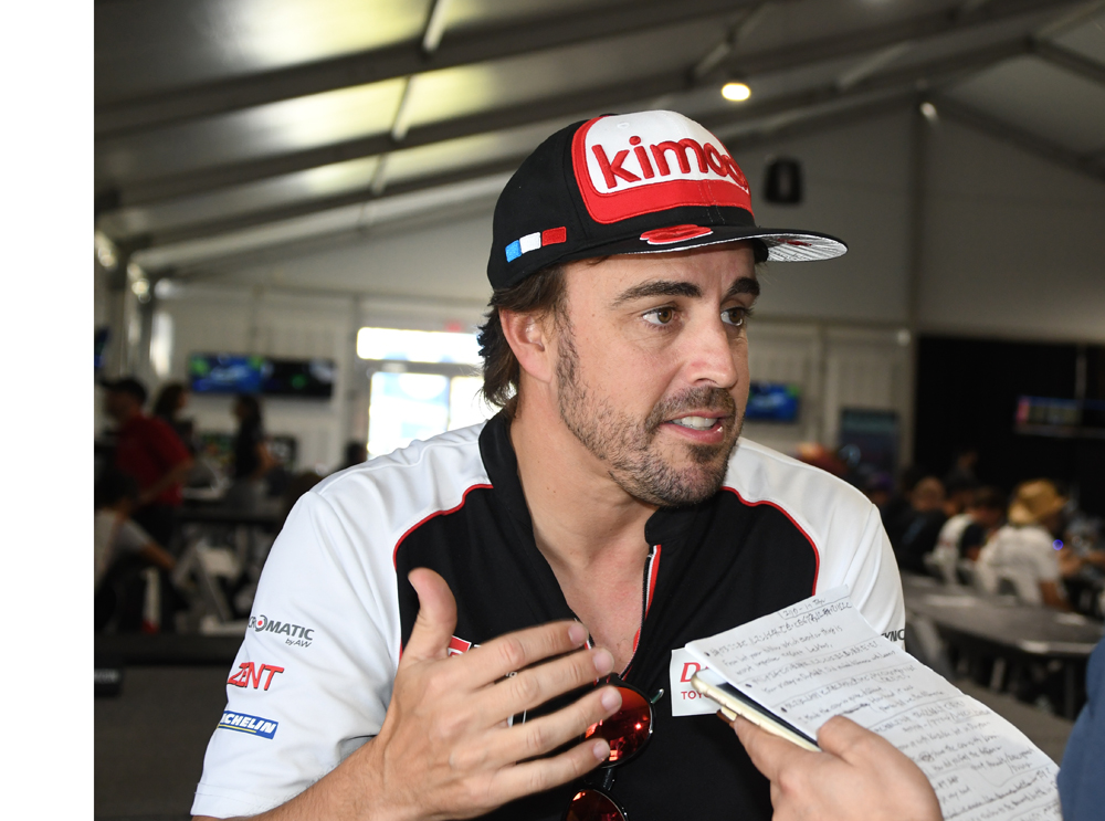 Fernando Alonso greets reporters at Sebring. [Joe Jennings Photo}