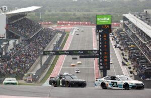 Bubba Wallace and Kurt Busch race during the NASCAR Cup Series EchoPark Texas Grand Prix at Circuit of The Americas on May 23, 2021 in Austin, Texas. (Photo by Jared Tilton/ 23XI Racing via Getty Images)