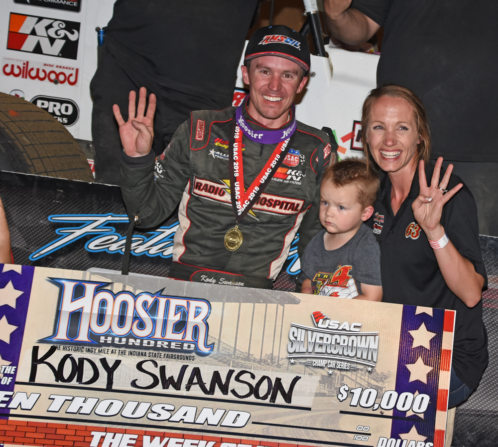 Kody, Jordan and Tyler Swanson beaming proudly after the recent victory on the dirt at the Indiana State Fairgrounds. [Joe Jennings Photo]