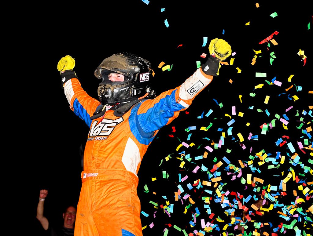 Hoosier 100 winner Tyler Courtney celebrates in victory lane. [Joe Jennings Photo]