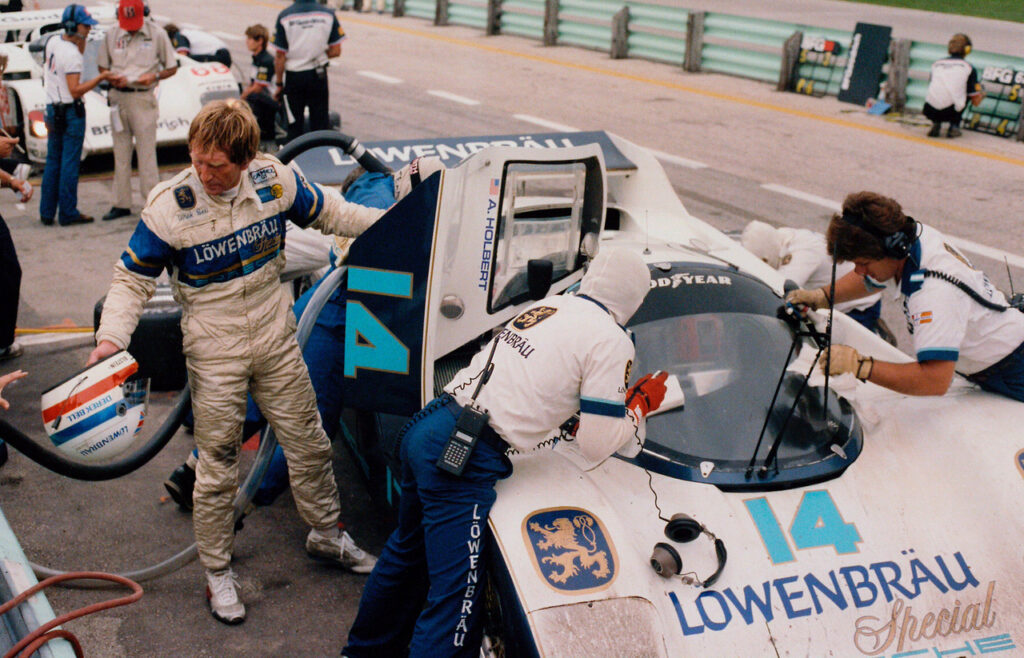 Derek Bell and the Lowenbrau Porsche 962 in 1985. [Photo by Eddie LePine]