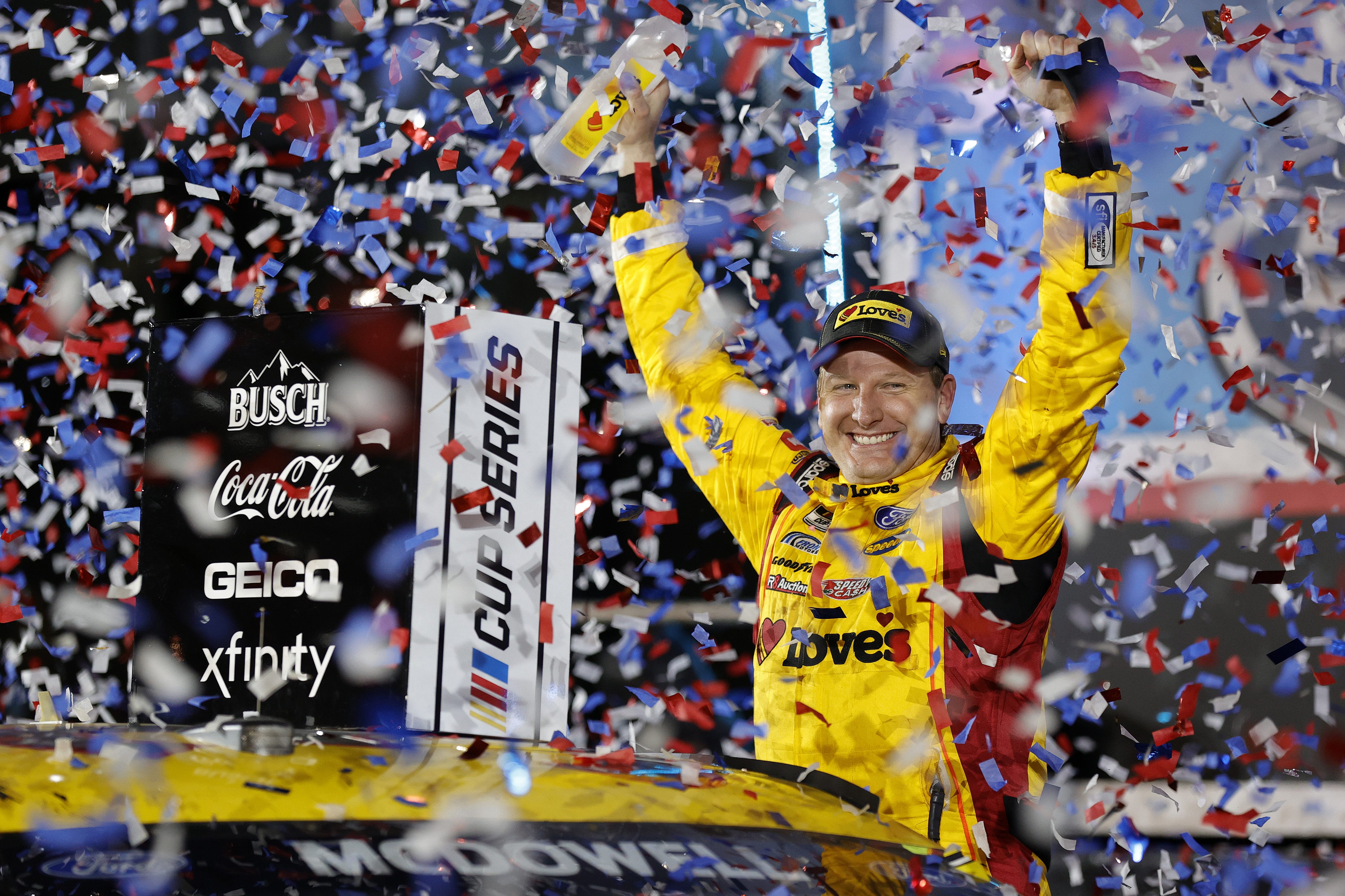 Michael McDowell celebrates in victory lane after winning the NASCAR Cup Series 63rd Annual Daytona 500 at Daytona International Speedway. (Photo by Jared C. Tilton/Getty Images)