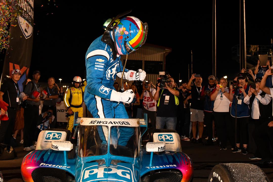 Josef Newgarden in victory lane after winning the Bommarito Automotive Group 500. [Media Credit-Penske Entertainment: James Black]