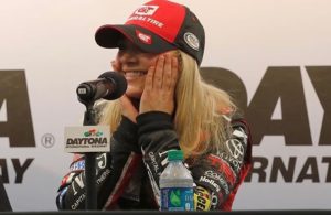 Natalie Decker meets with the media at Daytona after winning the ARCA pole in 2018. [Natalie Decker Racing photo]