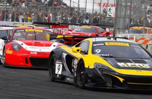 Alvaro Parente leads Patrick Long at the Long Beach Grand Prix.  [photo courtesy Pirelli World Challenge Championship]