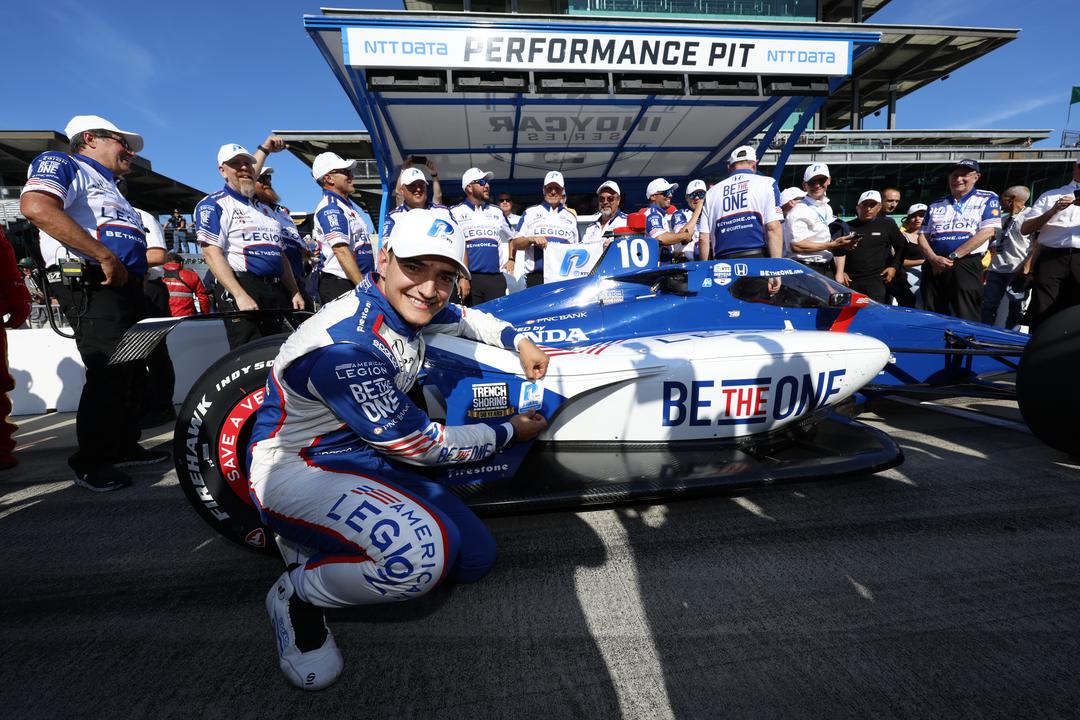 Alex Palou, pole winner for 2023 107th Running of the Indianapolis 500 celebrates on PPG Presents Armed Forces Qualifying Day at the Speedway. [Media Credit - Penske Entertainment: Chris Jones]