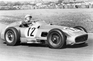 Stirling Moss in the Mercedes W 196 R winning the British Grand Prix in 1955. [Daimler Media Photo]