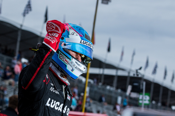 Robert Wickens celebrates his pole winning run at the Grand Prix of St Petersburg. [credit Andy Clary / Spacesuit Media]
